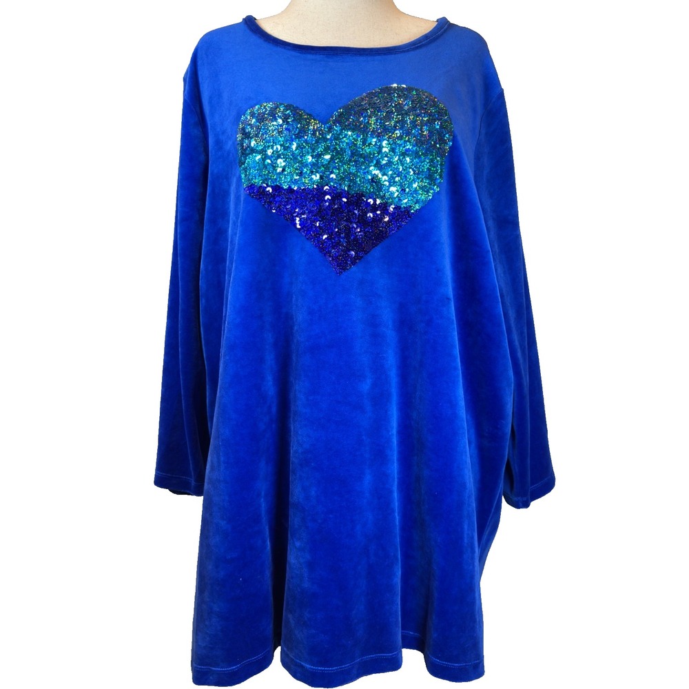 NWT Quacker Factory 3X Royal Blue Velvet Sequin Heart Embellished Tunic Top